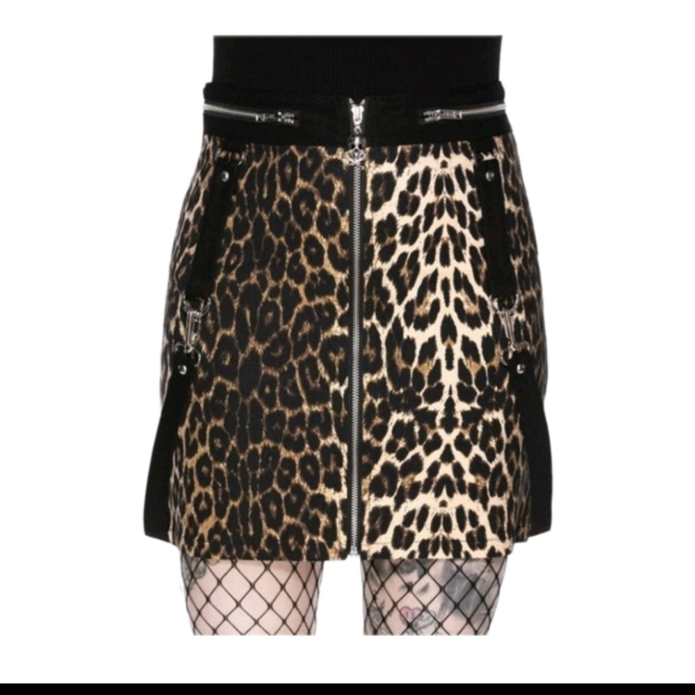 Killstar Pretty Kitty Leopard Punk Rock  Bondage Straps Zippers Mini Skirt L